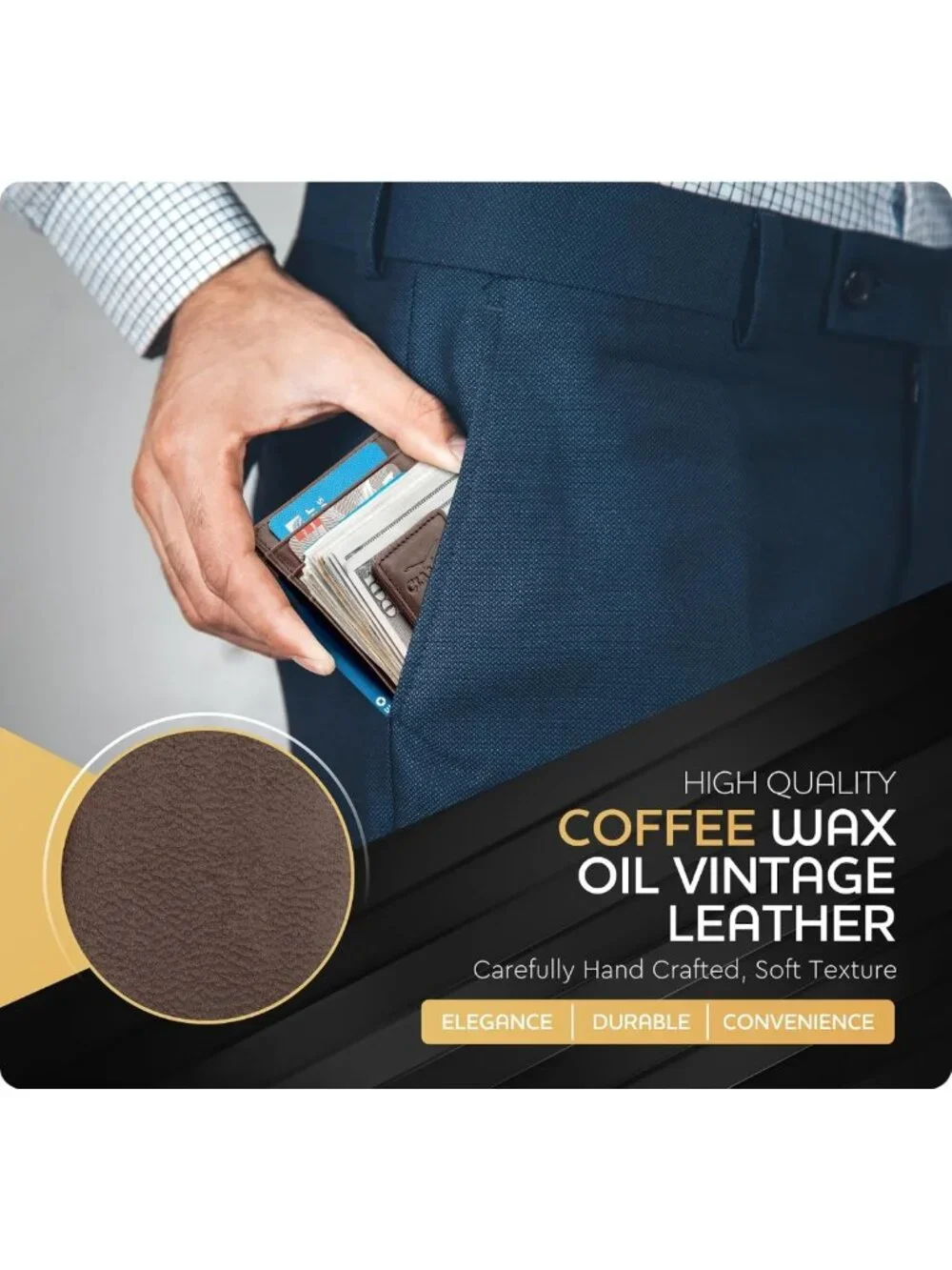 Slim Leather Money Clip Wallet for Men - RFID Blocking, 5 Card Slots, ID Window